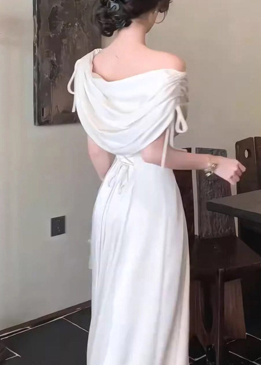Dinner White Asymmetrical Cinched Tunic Maxi Dresses Short Sleeve
