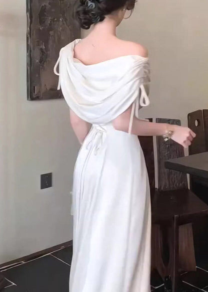 Dinner White Asymmetrical Cinched Tunic Maxi Dresses Short Sleeve