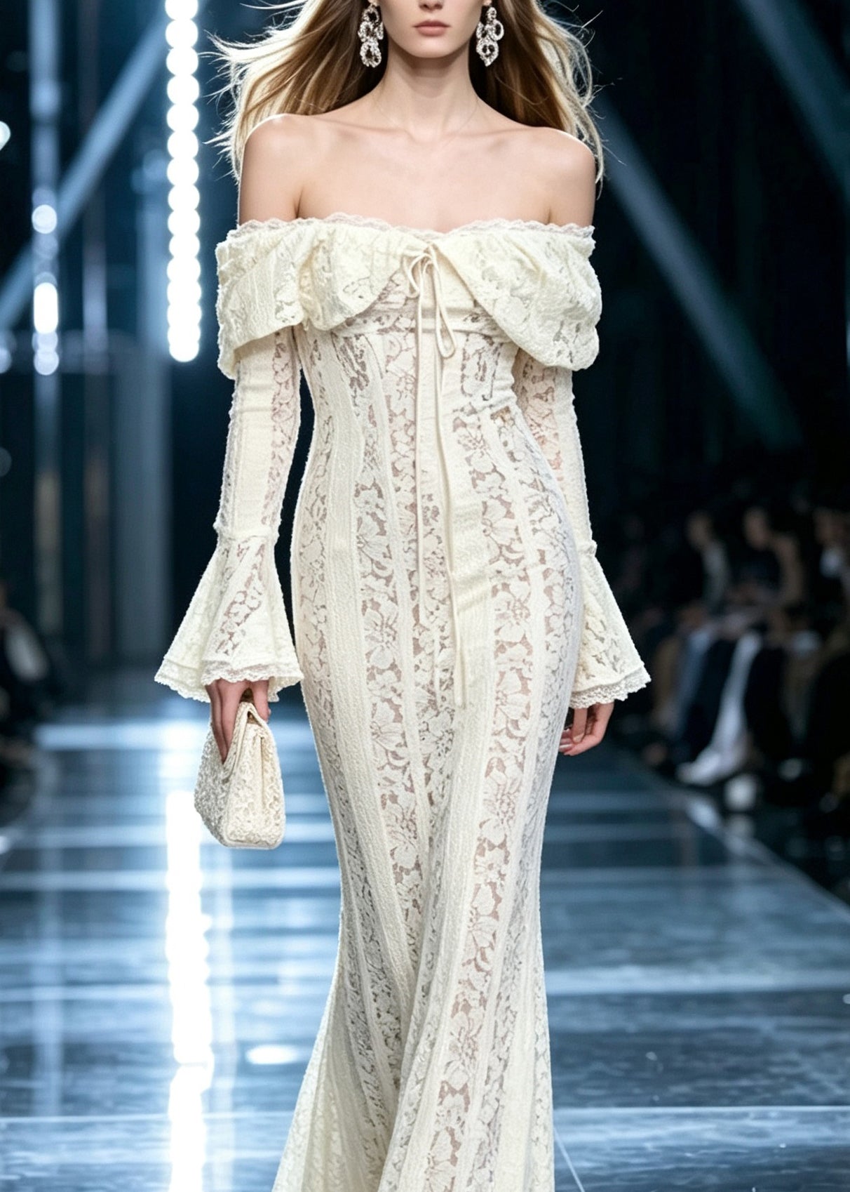 Dinner White Slash Neck Tie Lace Long Dresses Flare Sleeve