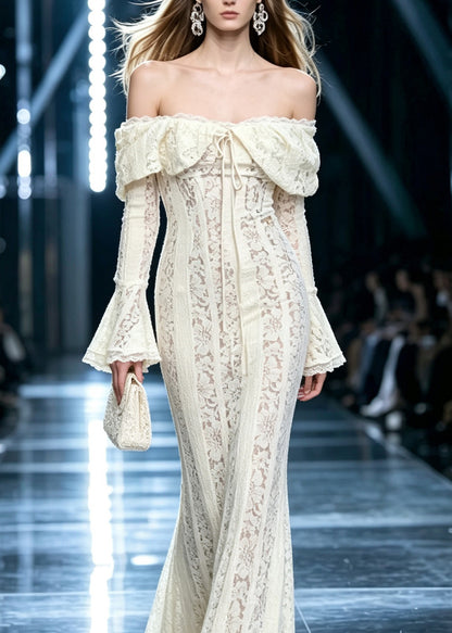 Dinner White Slash Neck Tie Lace Long Dresses Flare Sleeve