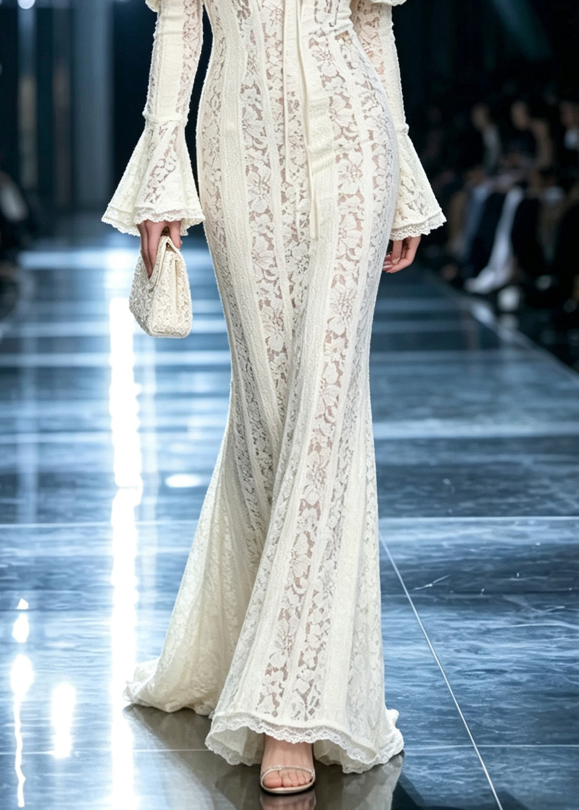Dinner White Slash Neck Tie Lace Long Dresses Flare Sleeve