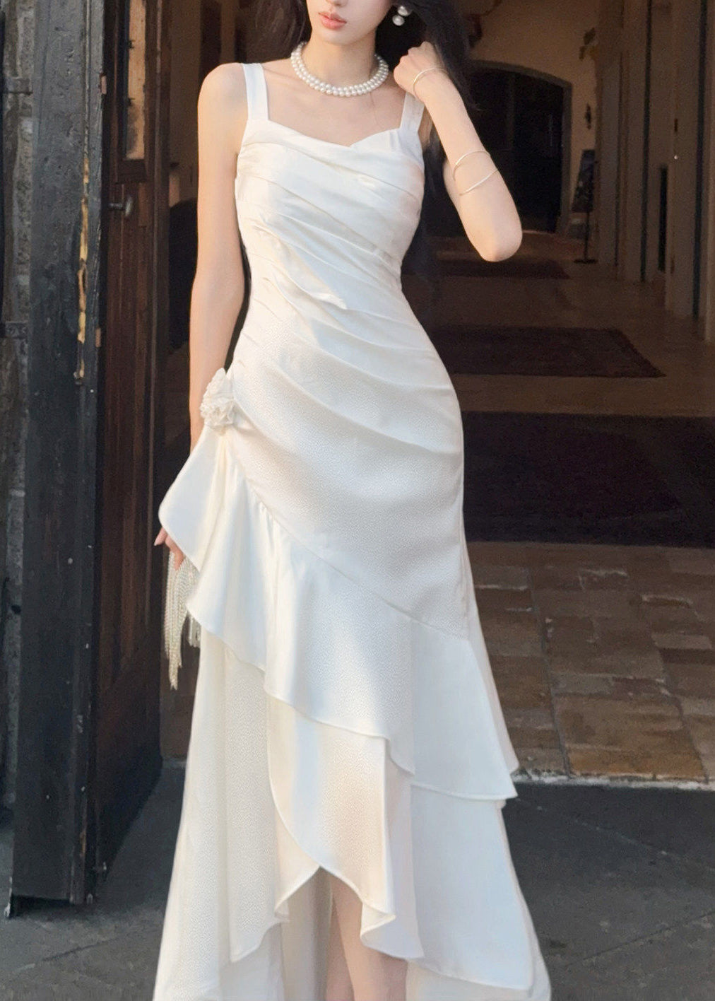 Dinner White Square Collar Asymmetrical Satin Long Spaghetti Strap Dresses Sleeveless