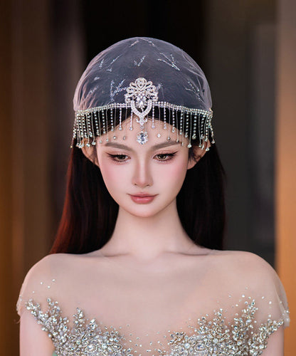 Dinner White Tulle Patchwork Zircon Tassel HairPiece