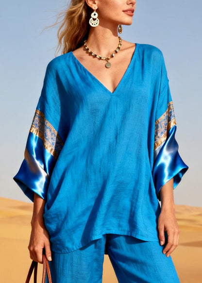 Diy Blue Oversized Patchwork Linen Silk Two Piece Set Outfits Spring