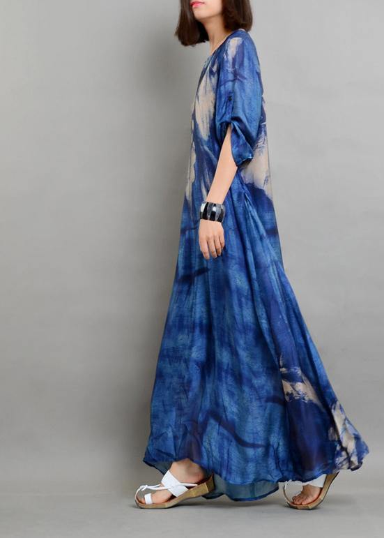 Blue Print Half Sleeve Two Pieces Set Summer Chiffon Dress - SooLinen