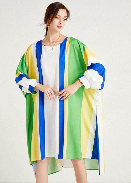 Diy Blue Striped Loose Bat Wing Sleeve Striped Summer Long Sleeve Dress - SooLinen