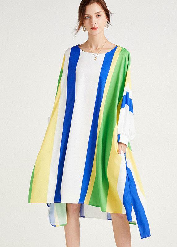 Diy Blue Striped Loose Bat Wing Sleeve Striped Summer Long Sleeve Dress - SooLinen