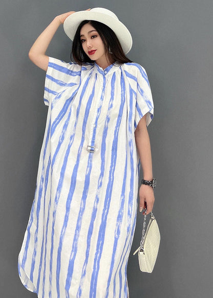 Diy Blue Striped Stand Collar Side Open Cotton Maxi Dresses Short Sleeve