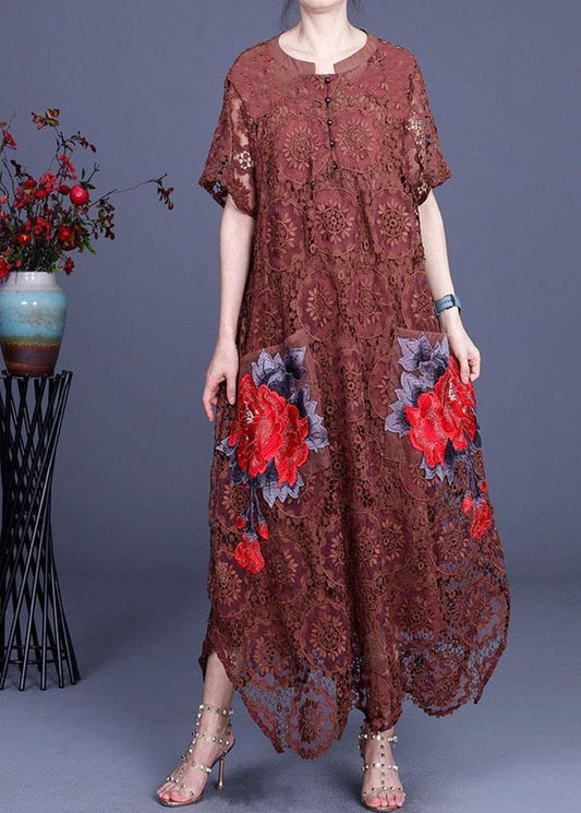 Diy Chocolate Embroideried Pockets Lace Button Summer Dresses - SooLinen