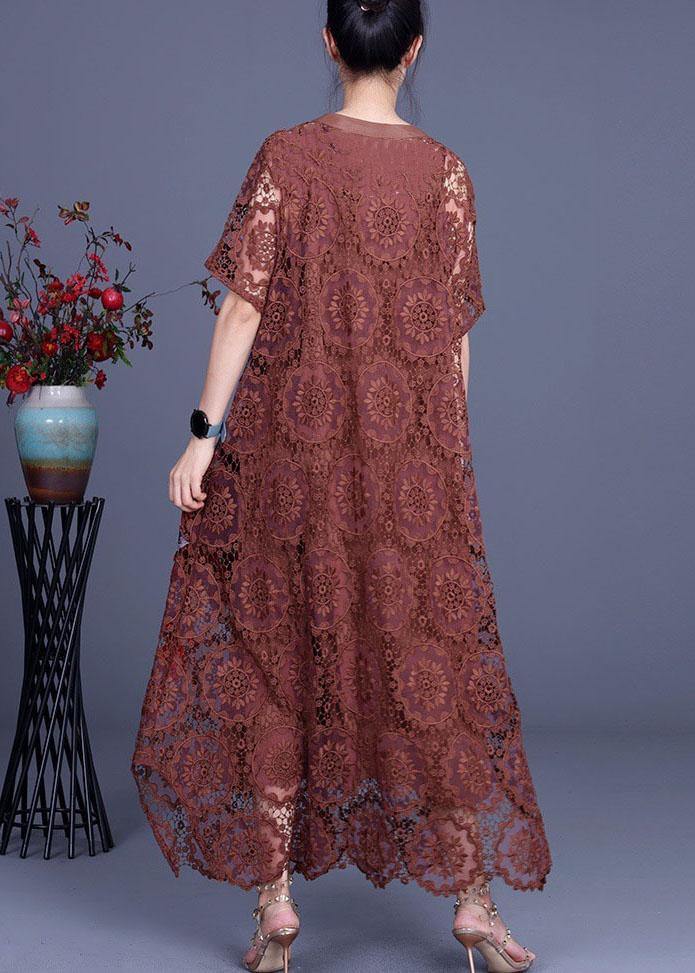 Diy Chocolate Embroideried Pockets Lace Button Summer Dresses - SooLinen