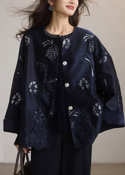 Diy Navy Embroidered Sequins Patchwork Lace Silk Coat Winter