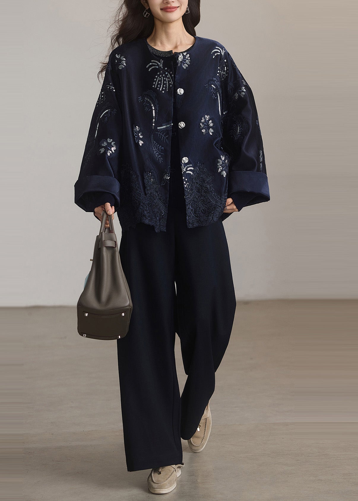 Diy Navy Embroidered Sequins Patchwork Lace Silk Coat Winter