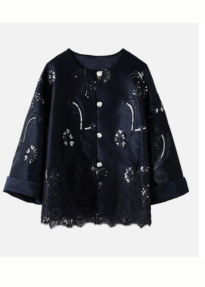 Diy Navy Embroidered Sequins Patchwork Lace Silk Coat Winter
