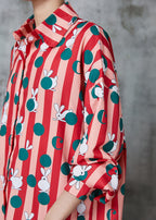 Diy Red Rabbit Striped Silk Shirt Tops Spring