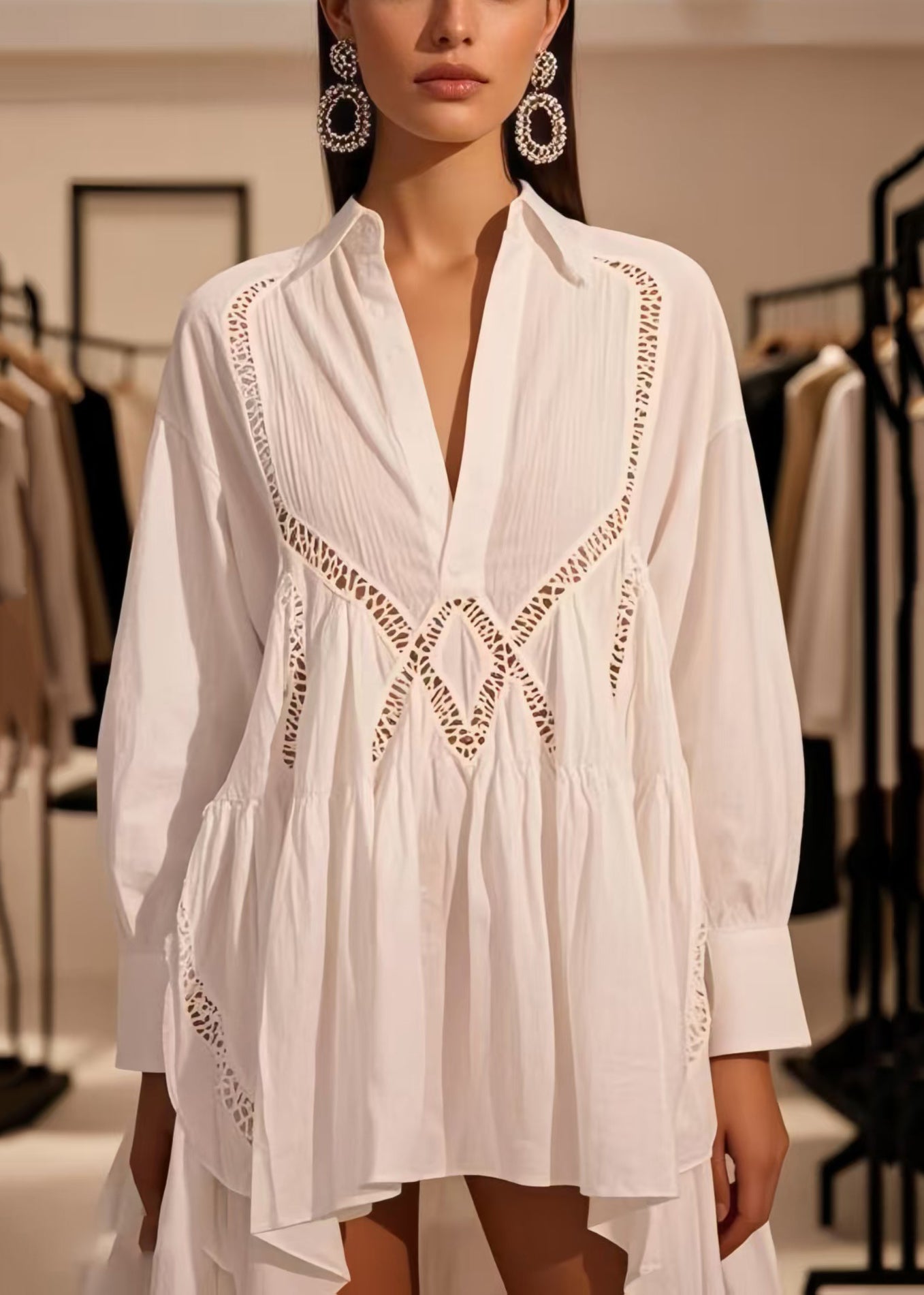 Diy White Hollow Out Low High Design Cotton Day Dress Spring