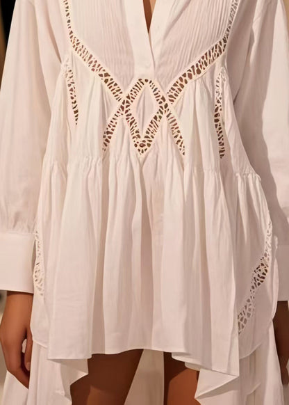 Diy White Hollow Out Low High Design Cotton Day Dress Spring