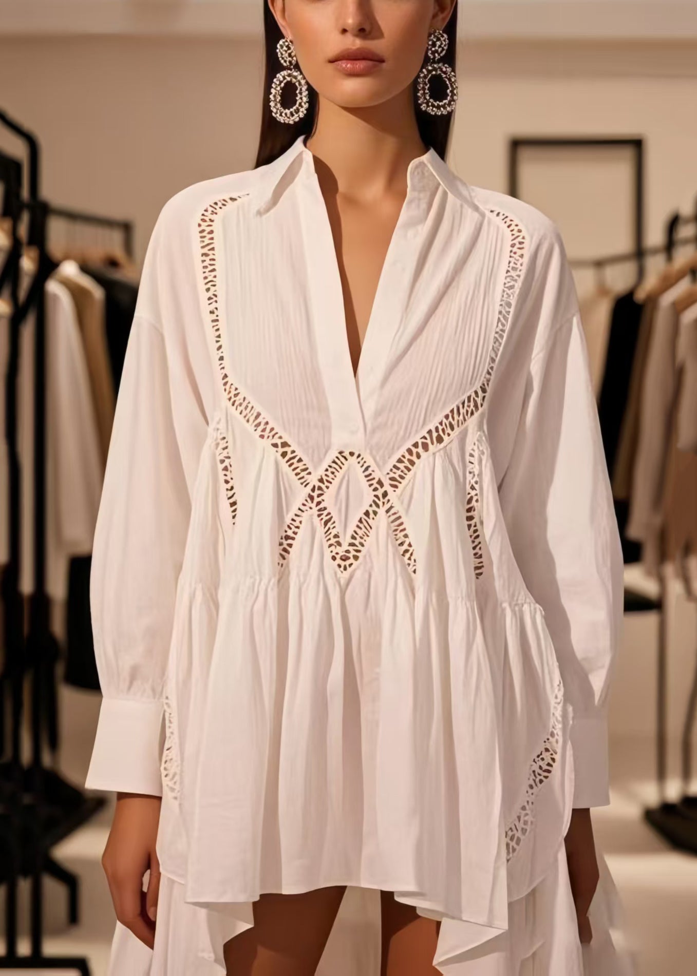 Diy White Hollow Out Low High Design Cotton Day Dress Spring