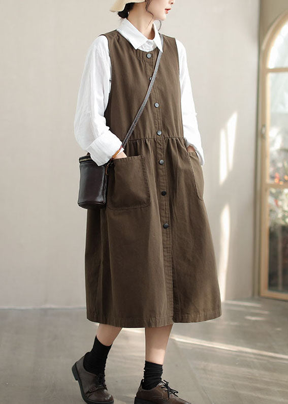 Dull Green Cotton Holiday Dress Oversized Pockets Fall