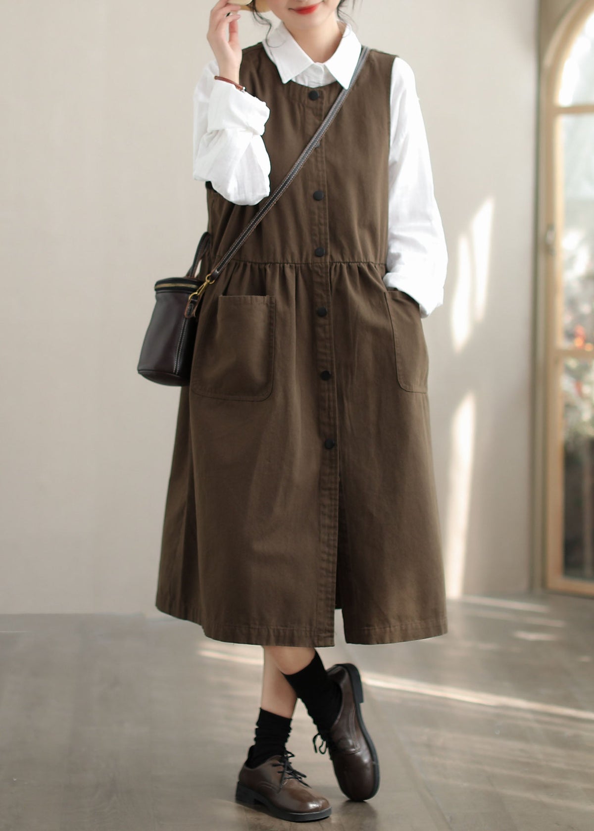Dull Green Cotton Holiday Dress Oversized Pockets Fall