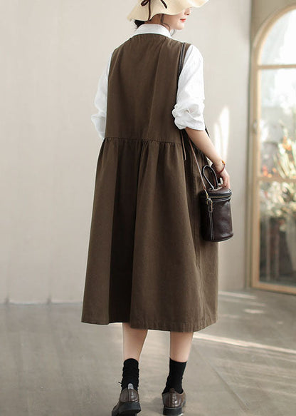 Dull Green Cotton Holiday Dress Oversized Pockets Fall