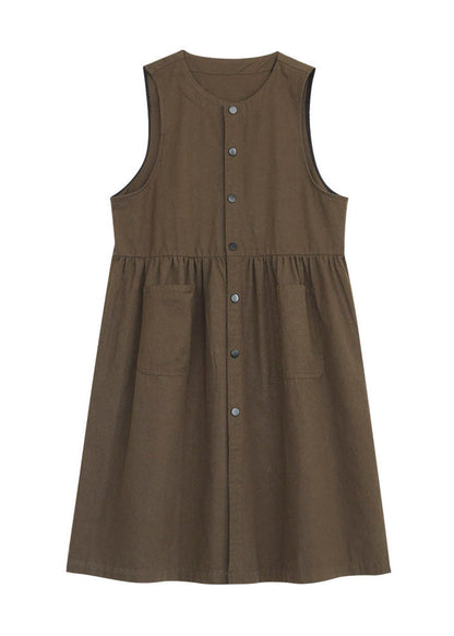 Dull Green Cotton Holiday Dress Oversized Pockets Fall