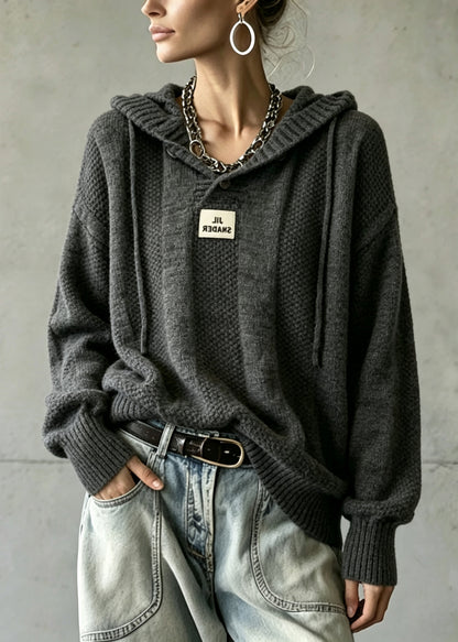 Dull Grey Loose Knit Pullover Hooded Winter