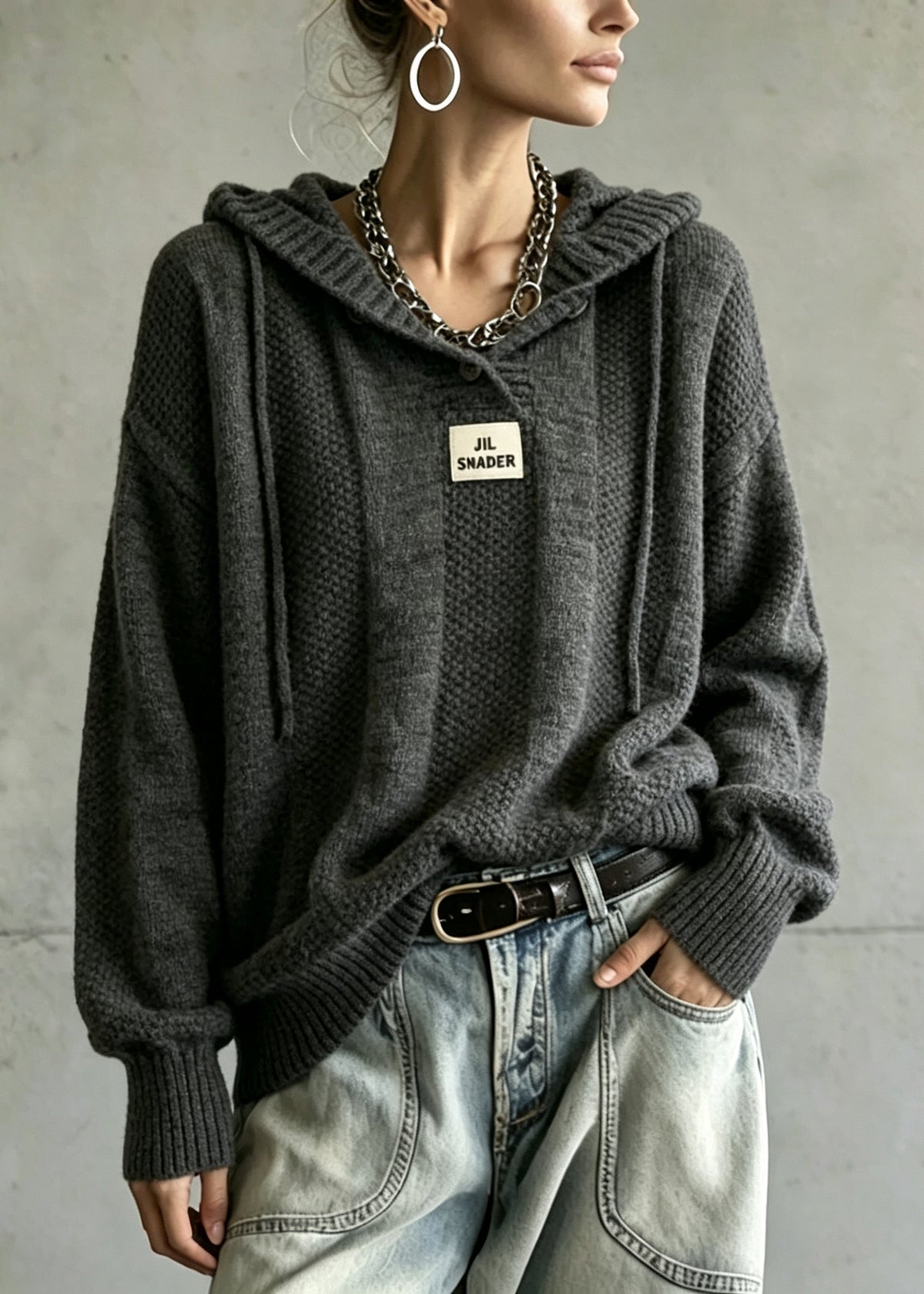 Dull Grey Loose Knit Pullover Hooded Winter