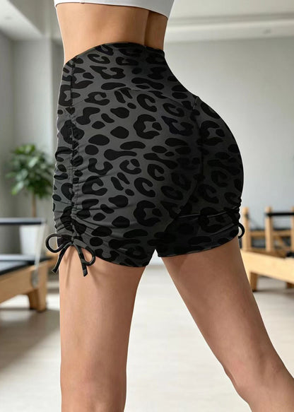 Dynamic Dark Gray Leopard Print High Waist Butt Scrunch Drawstring Running Shorts