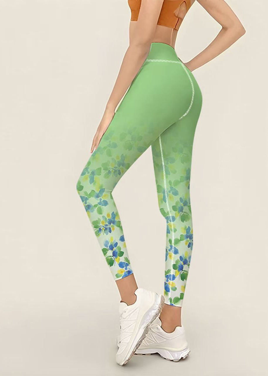 Dynamic Green Gradient Floral Print High Waist Super Stretch Capri Athletic Leggings