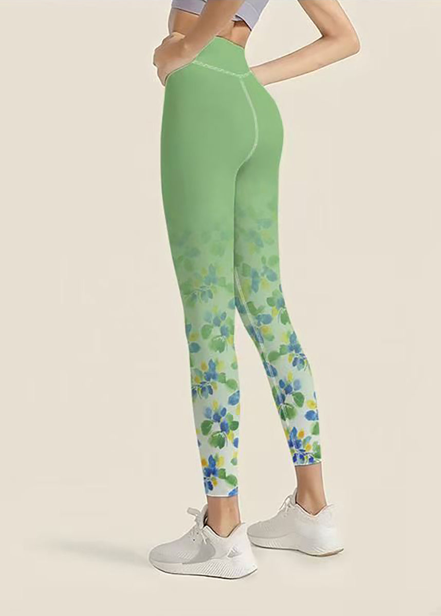 Dynamic Green Gradient Floral Print High Waist Super Stretch Capri Athletic Leggings