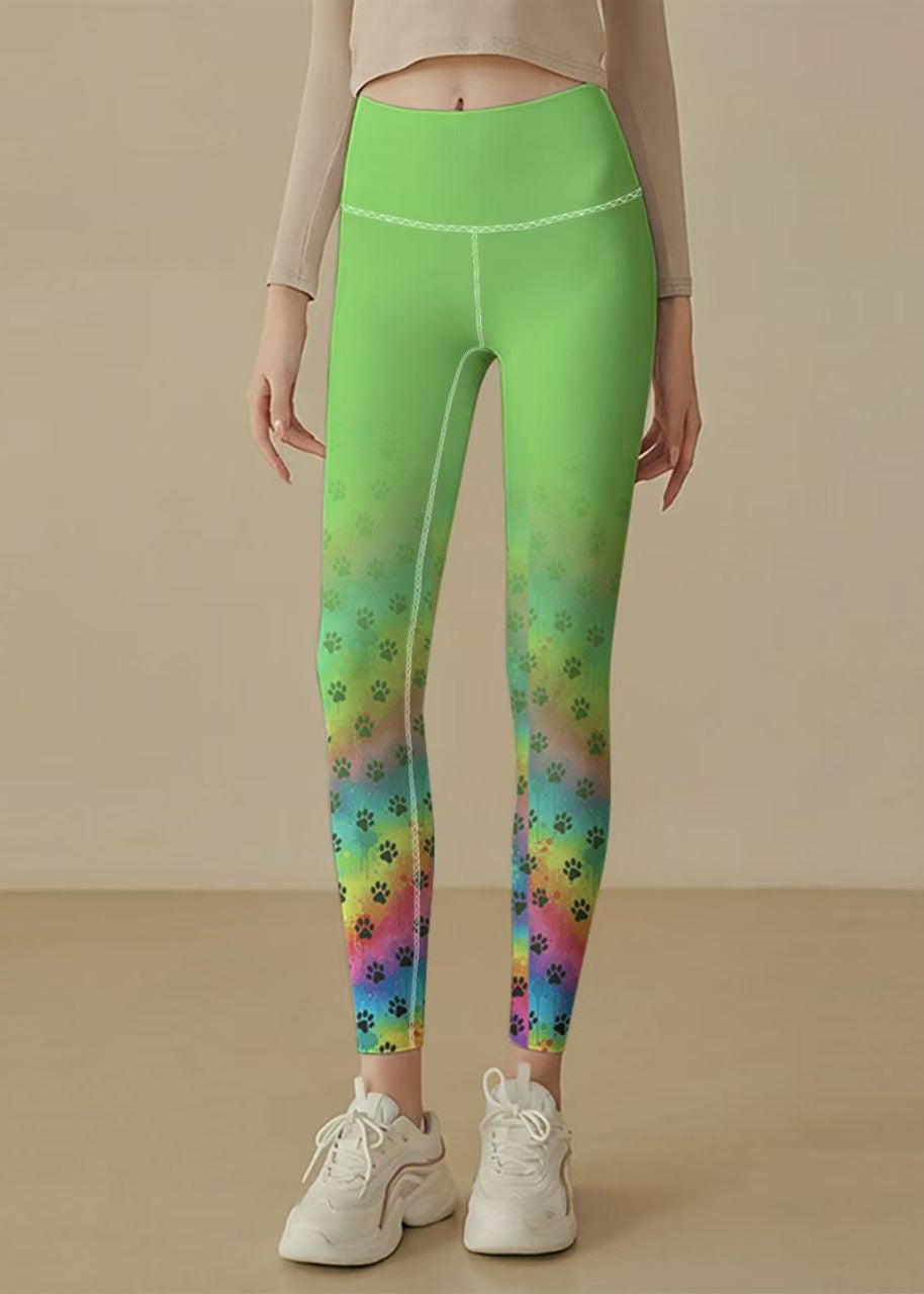 Dynamic Green Gradient Paw Print High Waist Butt Scrunch Capri Running Leggings