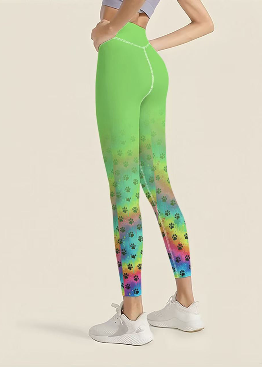 Dynamic Green Gradient Paw Print High Waist Butt Scrunch Capri Running Leggings