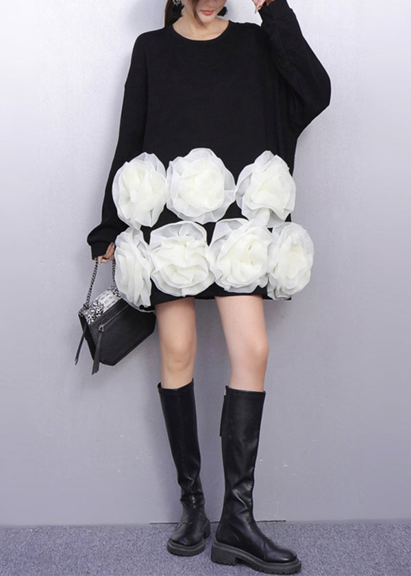 Editorial Style Black Voluminous White Bloom T Shirt Dress