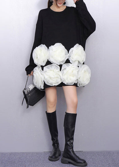 Editorial Style Black Voluminous White Bloom T Shirt Dress