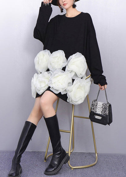 Editorial Style Black Voluminous White Bloom T Shirt Dress