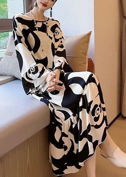 Elegant And Lazy Style Black And White Contrast Large Flower Floral Pattern Satin Texture Dress Flare Sleeve