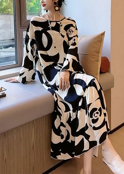 Elegant And Lazy Style Black And White Contrast Large Flower Floral Pattern Satin Texture Dress Flare Sleeve