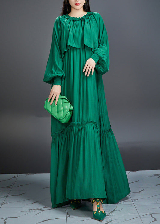 Elegant And Noble Emerald Ruffled Maxi Dress Lantern Sleeve