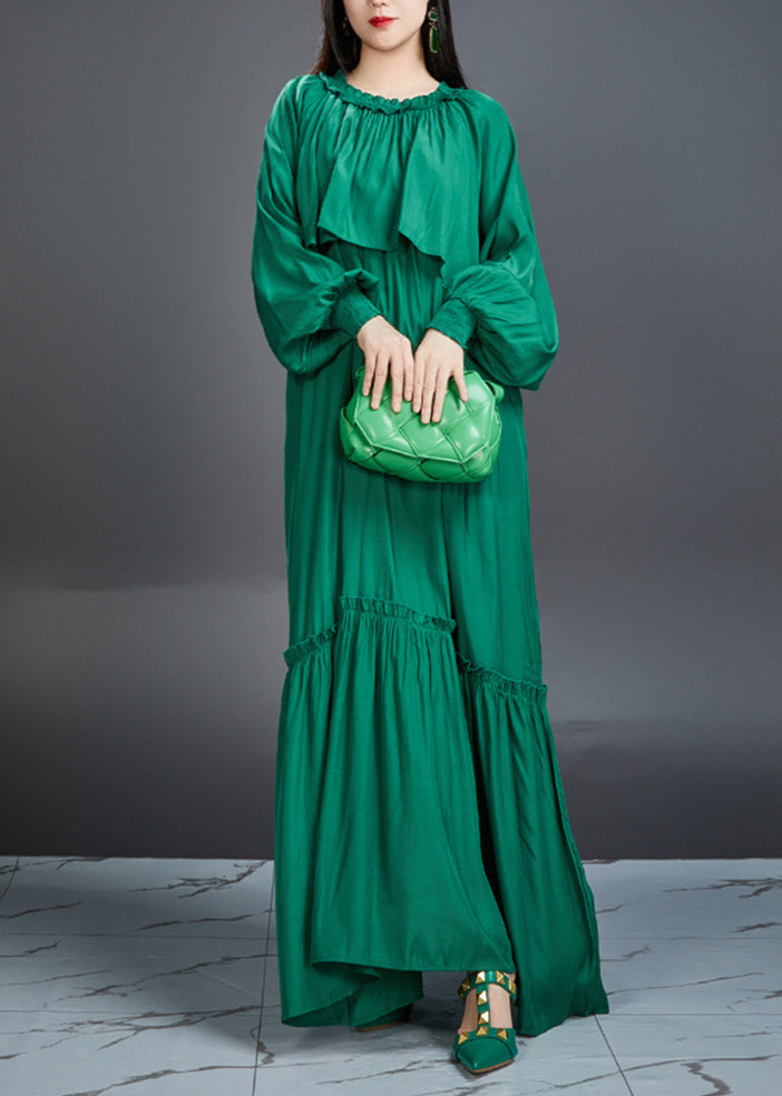 Elegant And Noble Emerald Ruffled Maxi Dress Lantern Sleeve