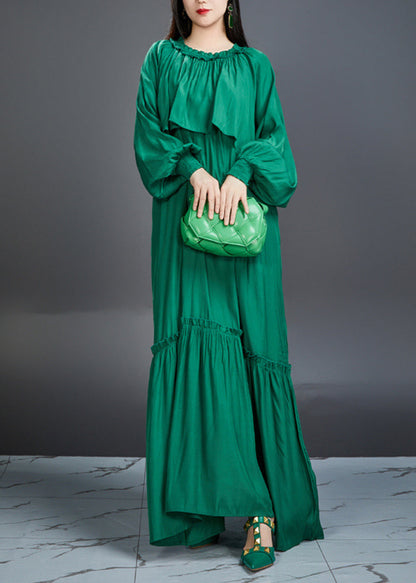 Elegant And Noble Emerald Ruffled Maxi Dress Lantern Sleeve