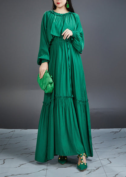 Elegant And Noble Emerald Ruffled Maxi Dress Lantern Sleeve