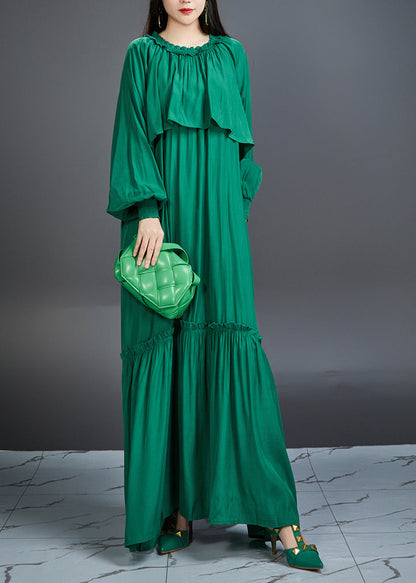 Elegant And Noble Emerald Ruffled Maxi Dress Lantern Sleeve