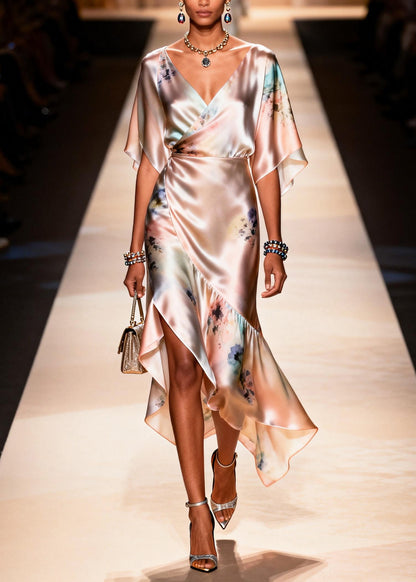 Elegant Apricot Asymmetrical Print Chiffon Party Dress Summer