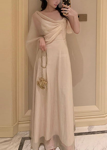 Elegant Apricot Asymmetrical Solid Silk Maxi Dresses Summer