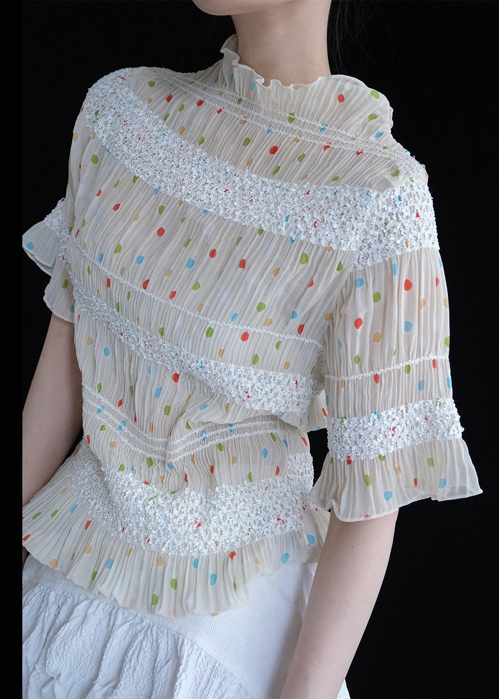 Elegant Apricot Dot Wrinkled Chiffon Tops Summer