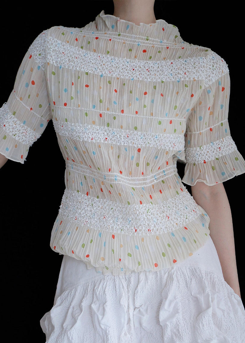 Elegant Apricot Dot Wrinkled Chiffon Tops Summer