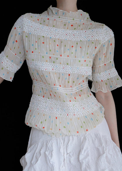 Elegant Apricot Dot Wrinkled Chiffon Tops Summer