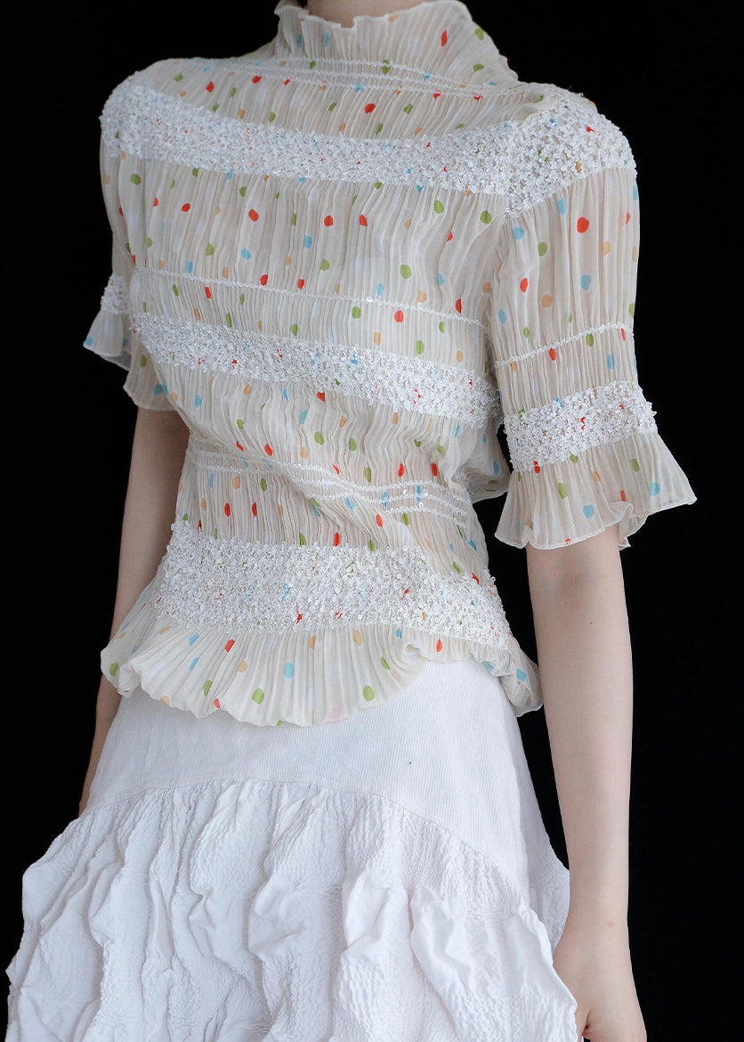 Elegant Apricot Dot Wrinkled Chiffon Tops Summer