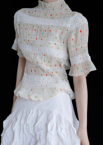 Elegant Apricot Dot Wrinkled Chiffon Tops Summer