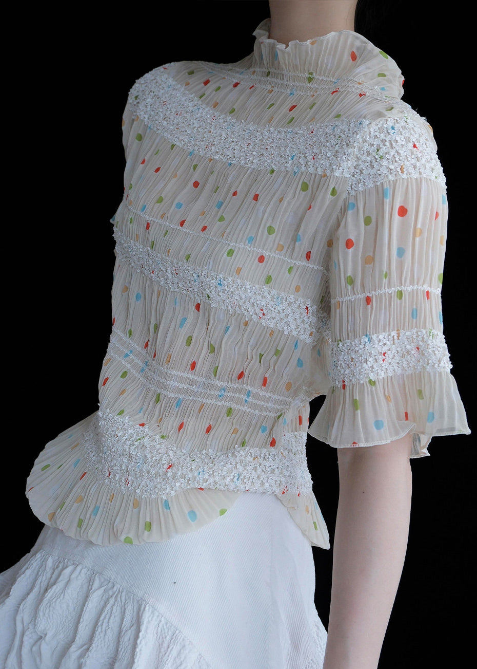 Elegant Apricot Dot Wrinkled Chiffon Tops Summer